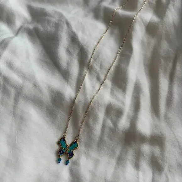 Blue butterfly beaded necklace boho - Picture 2 of 3